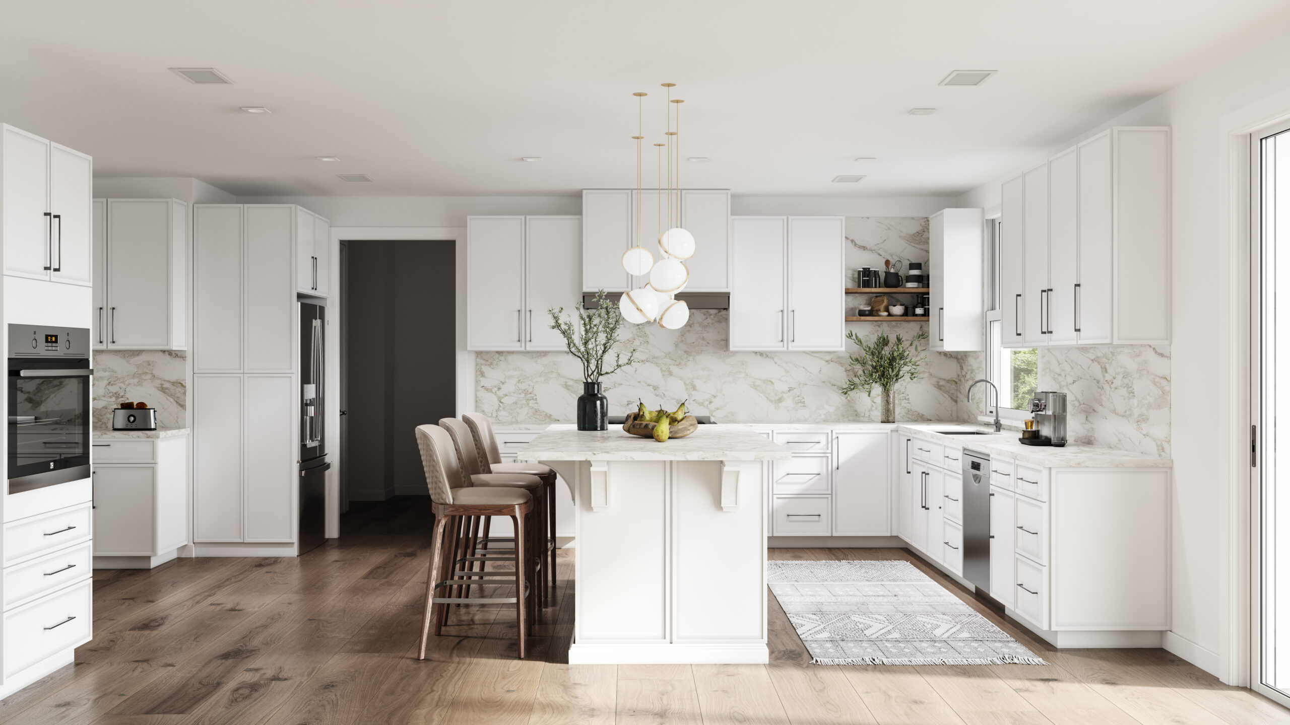 Spacious white kitchen design with light wood flooring