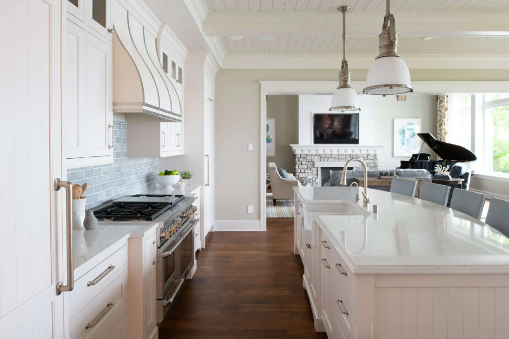 white kitchen design with wood tiling flooring pattern