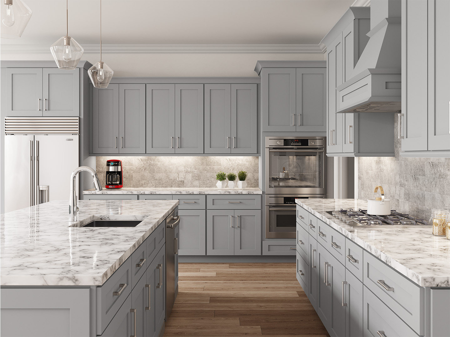 Light grey kitchen cabinets on clean looking kitchen design with white granite countertop
