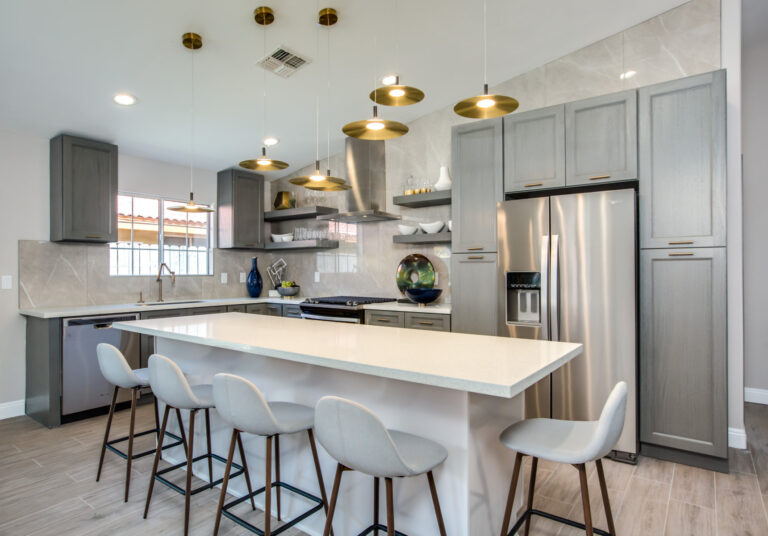 Forevermark White kitchen design with Midtown Grey Cabinets