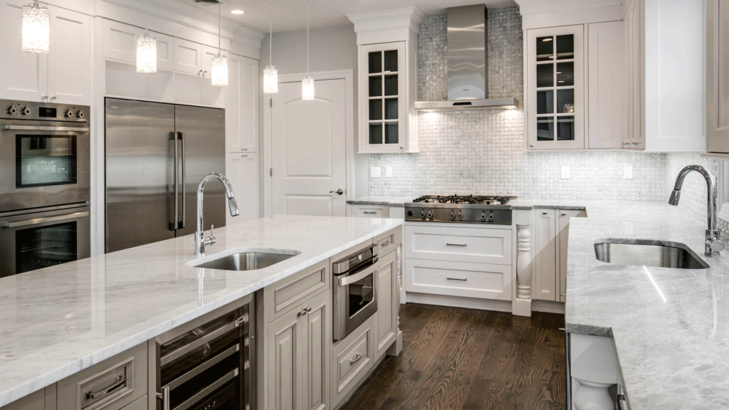 St. Martin kitchen design with Greenfield Bright white cabinet doors