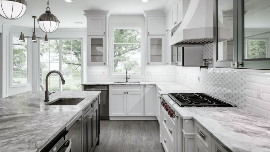 St. Martin kitchen design with Bellrose Bright White cabinets