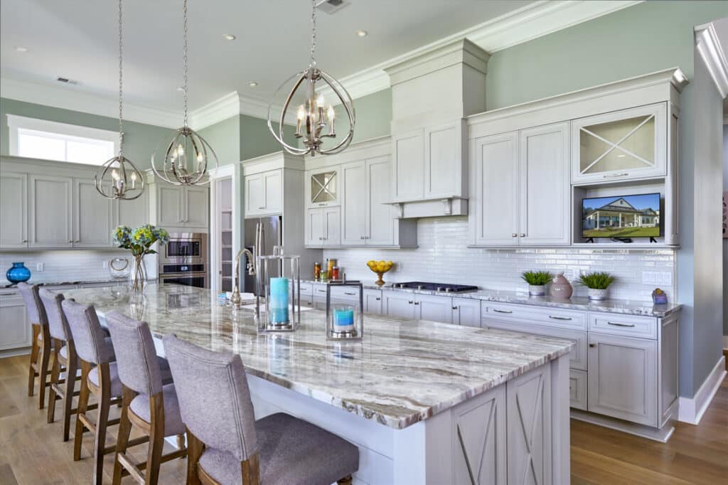 white kitchen design showcasing a beautiful quartz countertop