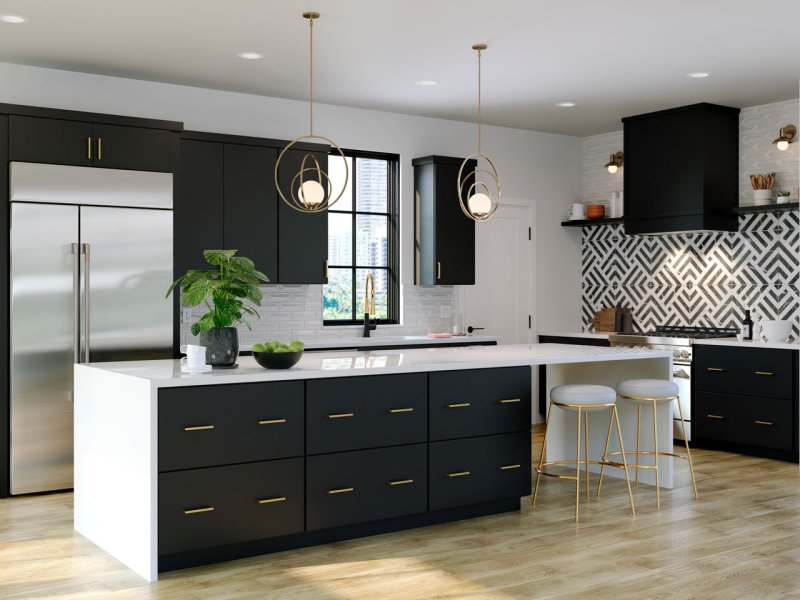 Waypoint Black Kitchen cabinets with white countertops