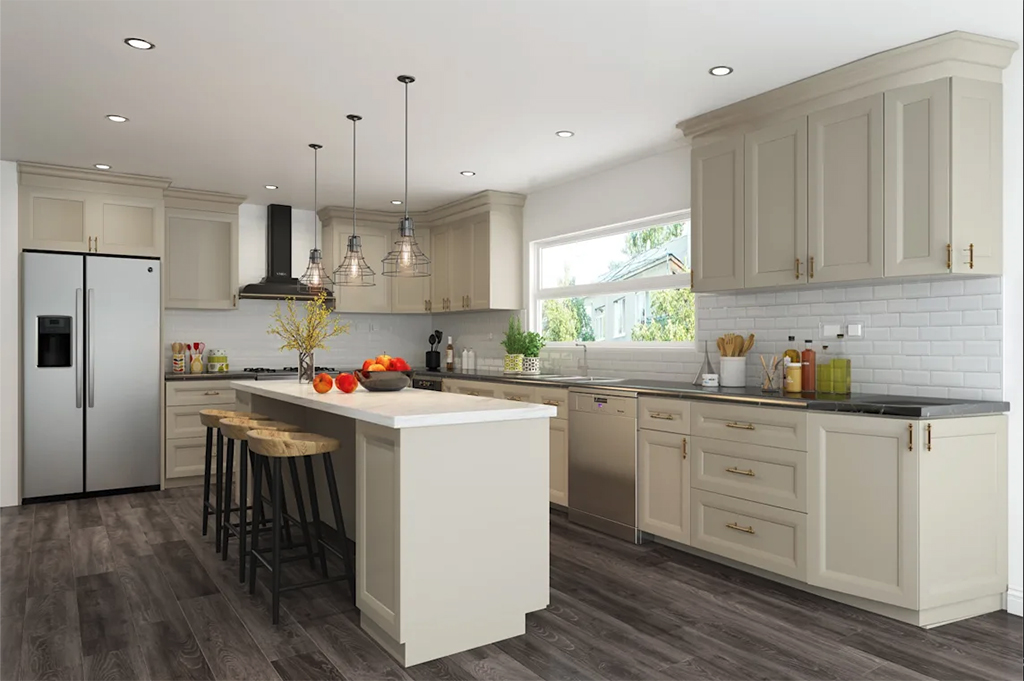 21st Century Beige Transitional kitchen cabinets with black countertops