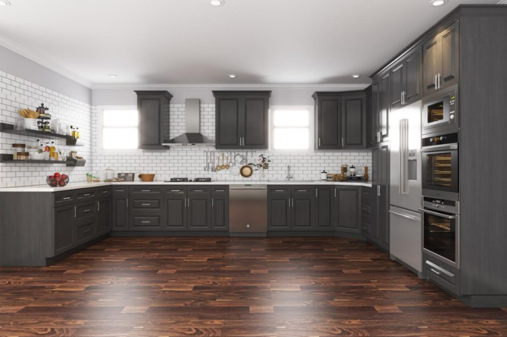 21st Century Dark grey transitional kitchen cabinets with white countertops