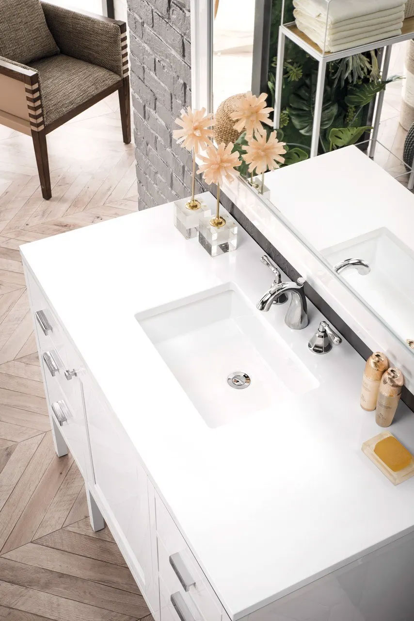 Top view with white countertop of Addison 48" Single Vanity Cabinet, Glossy White