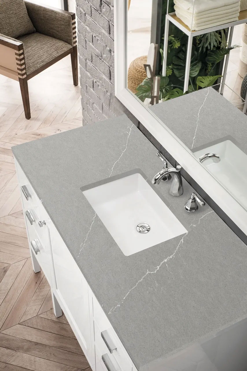 Top view with gray countertop of Addison 48" Single Vanity Cabinet, Glossy White
