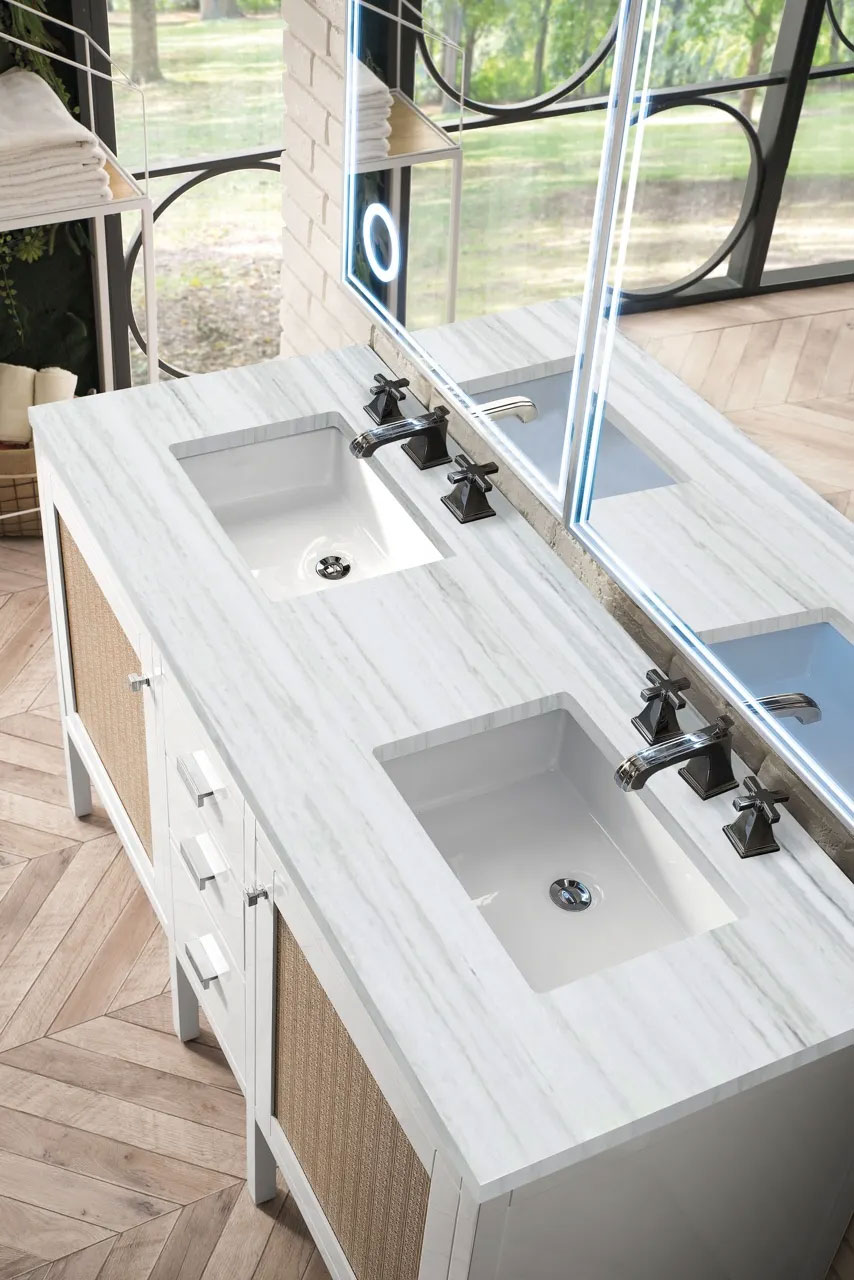 Top view with white countertop of Addison 60" Double Vanity Cabinet, Glossy White