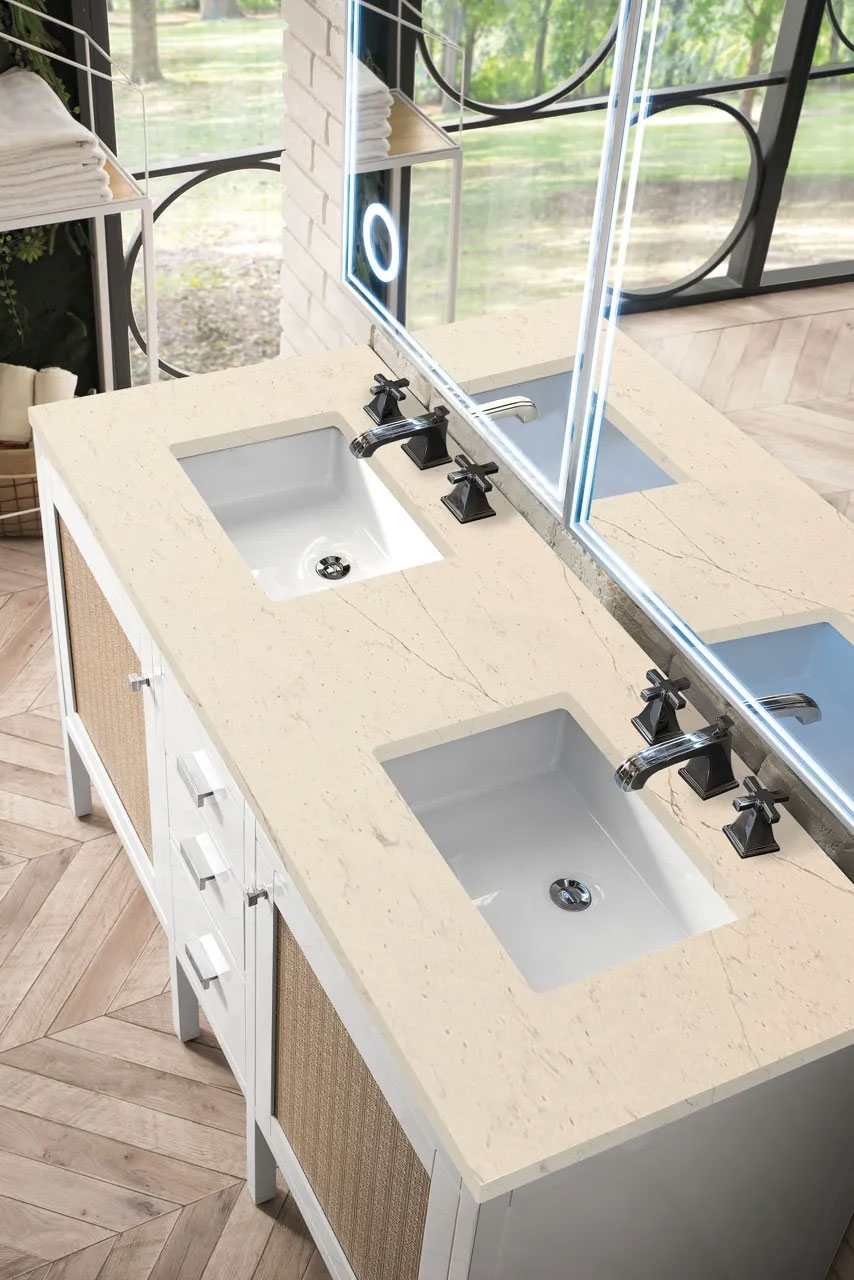 Top view with beige countertop Addison 60" Double Vanity Cabinet, Glossy White