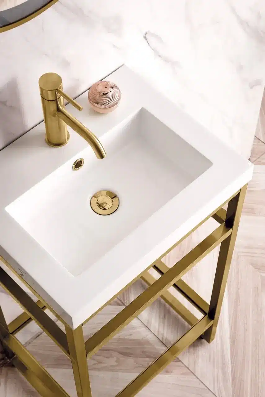 Top view Boston 20" Stainless Steel Sink Console, Radiant Gold w/ Storage Cabinet, White Glossy Resin Countertop