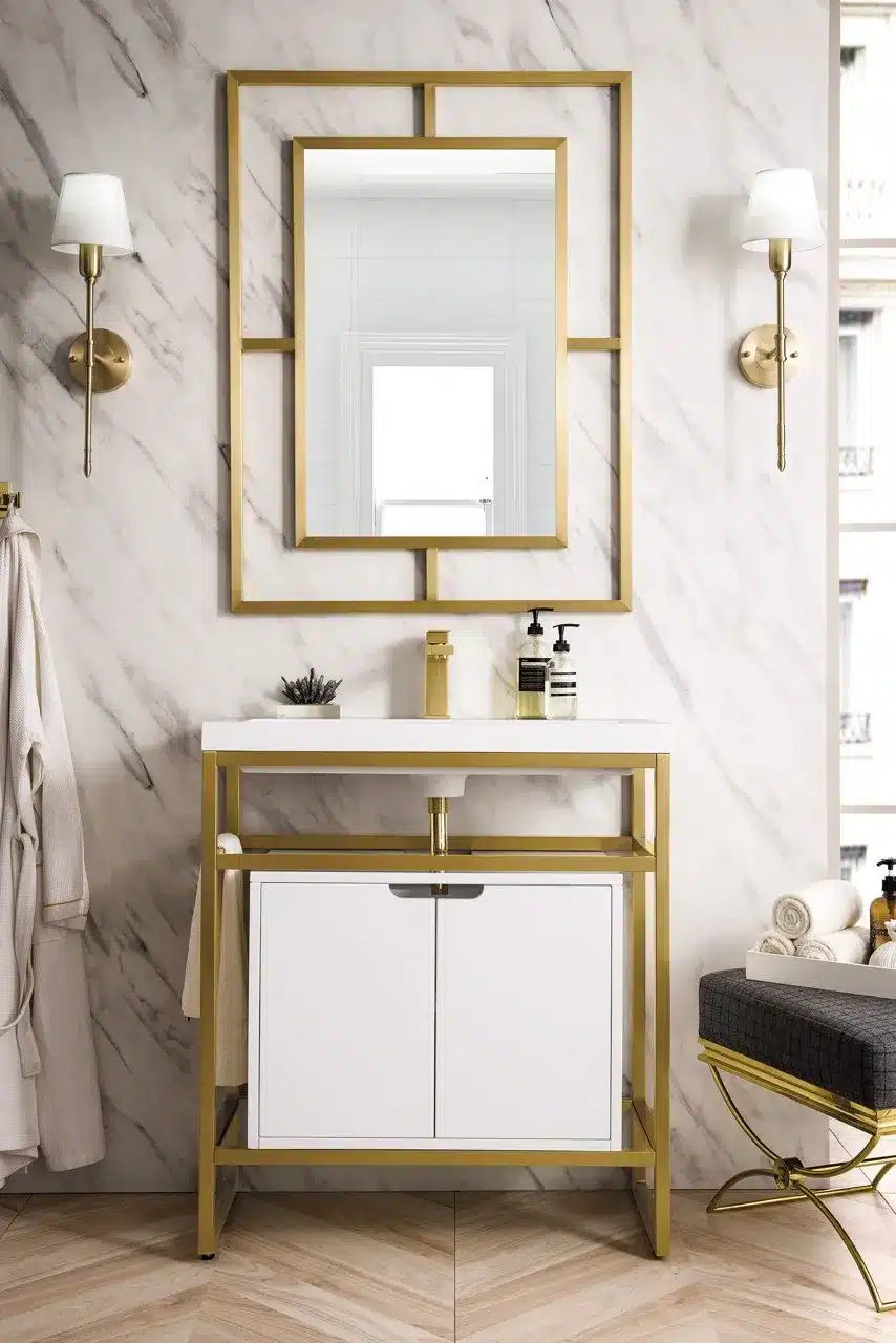 Front view Boston 31.5" Stainless Steel Sink Console, Radiant Gold w/ Storage Cabinet, White Glossy Resin Countertop