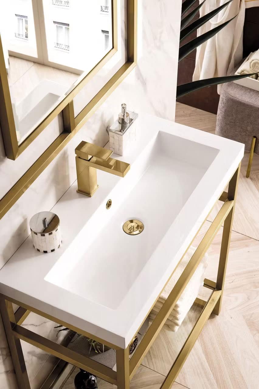 Top view Boston 31.5" Stainless Steel Sink Console, Radiant Gold w/ Storage Cabinet, White Glossy Resin Countertop