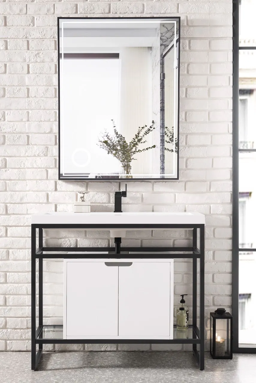 Front view Boston 39.5" Single Stainless Steel Sink Console, Matte Black w/ Storage Cabinet, White Glossy Resin Countertop