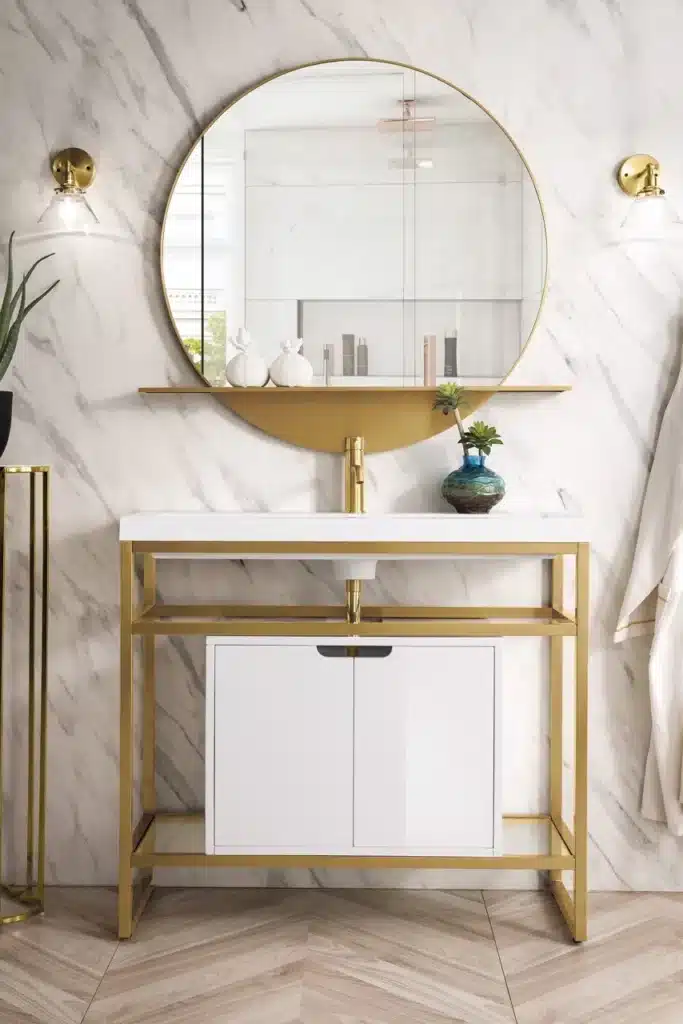 Front view Boston 39.5" Single Stainless Steel Sink Console, Radiant Gold w/ Storage Cabinet, White Glossy Resin Countertop