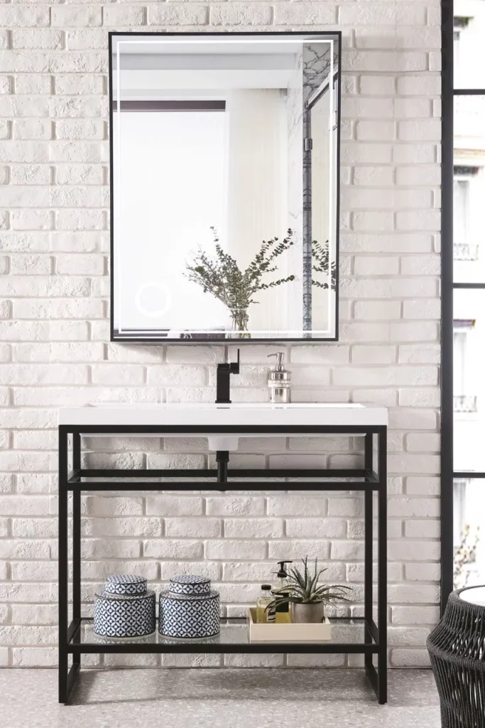 Front view Boston 39.5" Single Stainless Steel Sink Console, Matte Black, White Glossy Resin Countertop