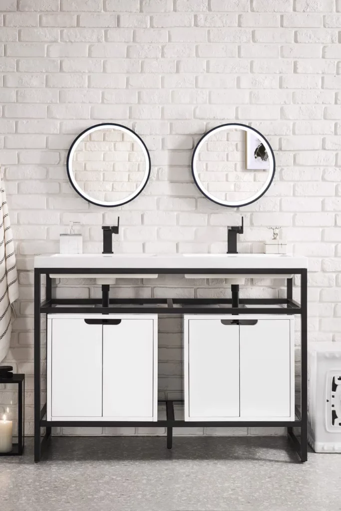 Front view Boston 47" Stainless Steel Sink Console (Double Basins), Matte Black w/ Storage Cabinet, White Glossy Resin Countertop