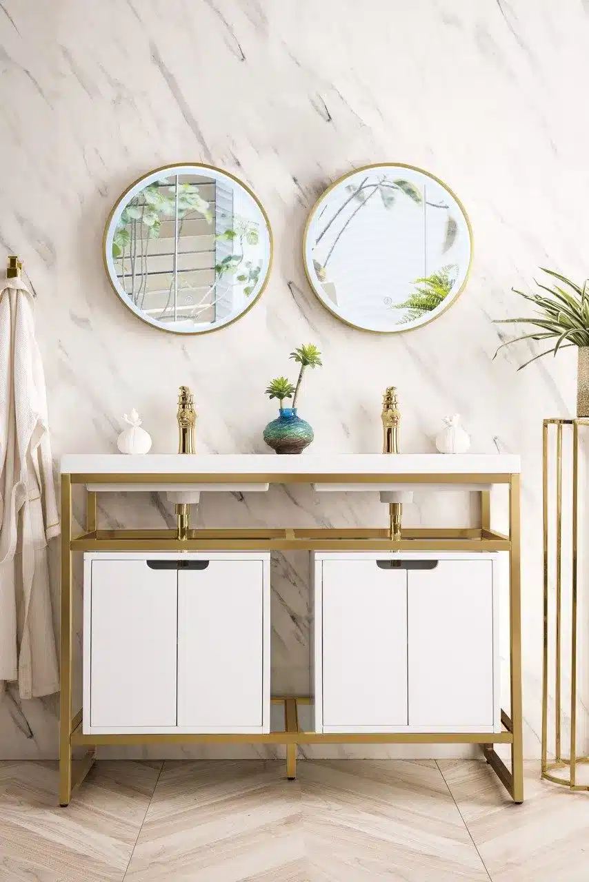Front view Boston 47" Stainless Steel Sink Console (Double Basins), Radiant Gold w/ Storage Cabinet, White Glossy Resin Countertop