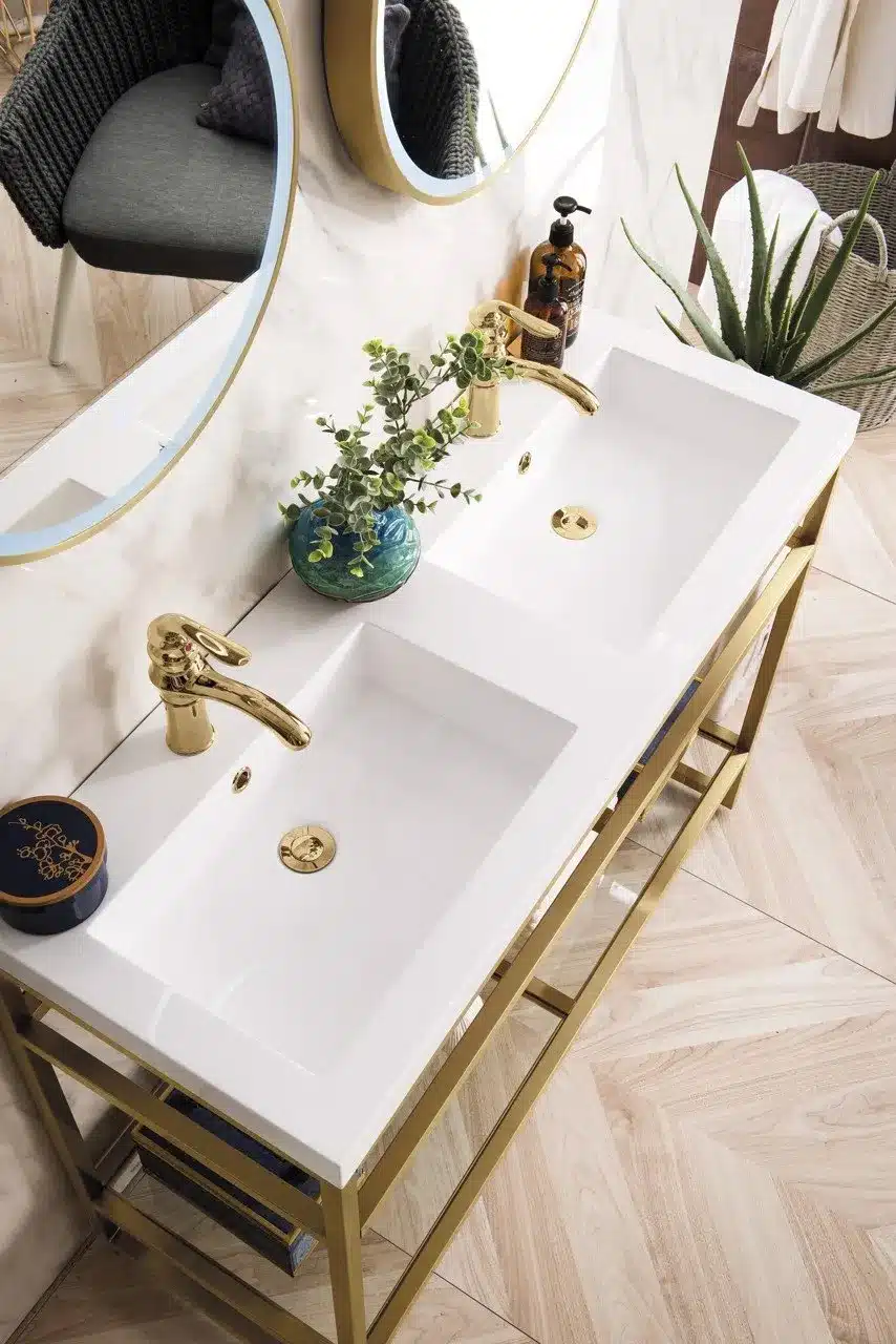 Top view Boston 47" Stainless Steel Sink Console (Double Basins), Radiant Gold w/ Storage Cabinet, White Glossy Resin Countertop