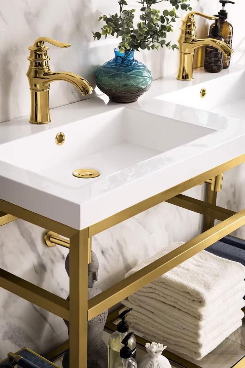 Sink view Boston 47" Stainless Steel Sink Console (Double Basins), Radiant Gold w/ Storage Cabinet, White Glossy Resin Countertop