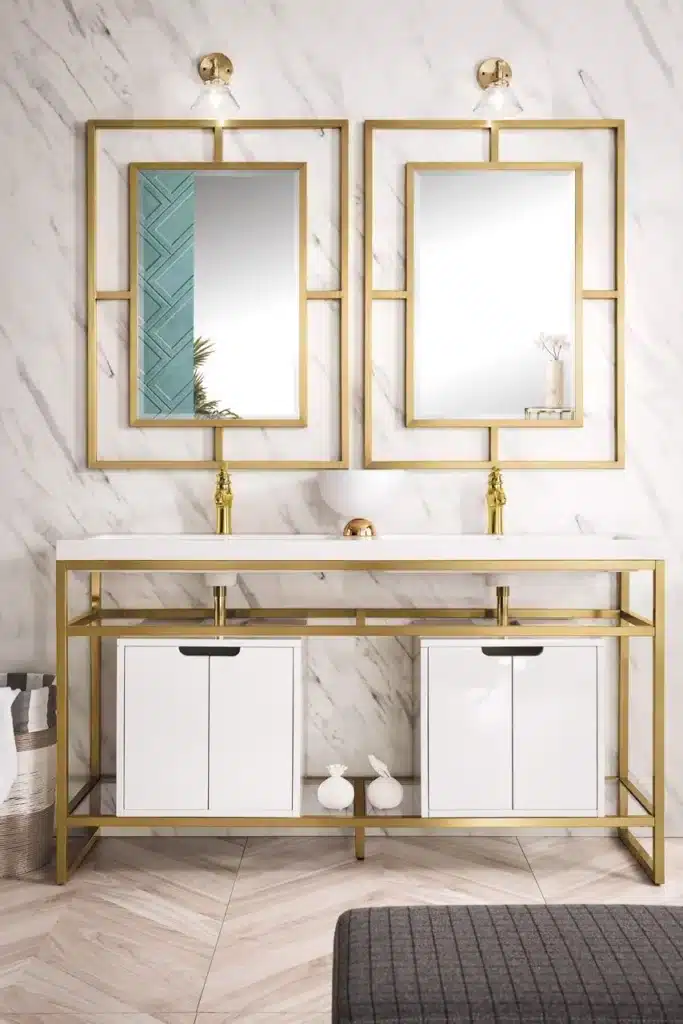 Front view Boston 63" Stainless Steel Sink Console (Double Basins), Radiant Gold w/ Storage Cabinet, White Glossy Resin Countertop