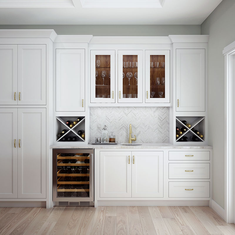 Woodland kitchen design with white cabinet doors