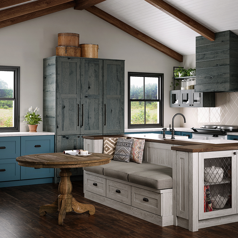 Woodland kitchen design with white and blue cabinet doors