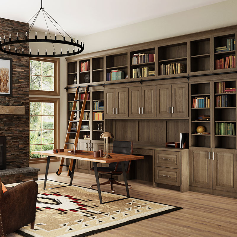 Woodland living room design with brown cabinet doors