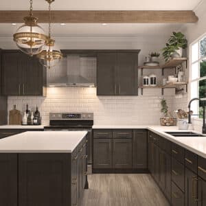 CNC Smoky Grey Modern kitchen cabinets with white countertops