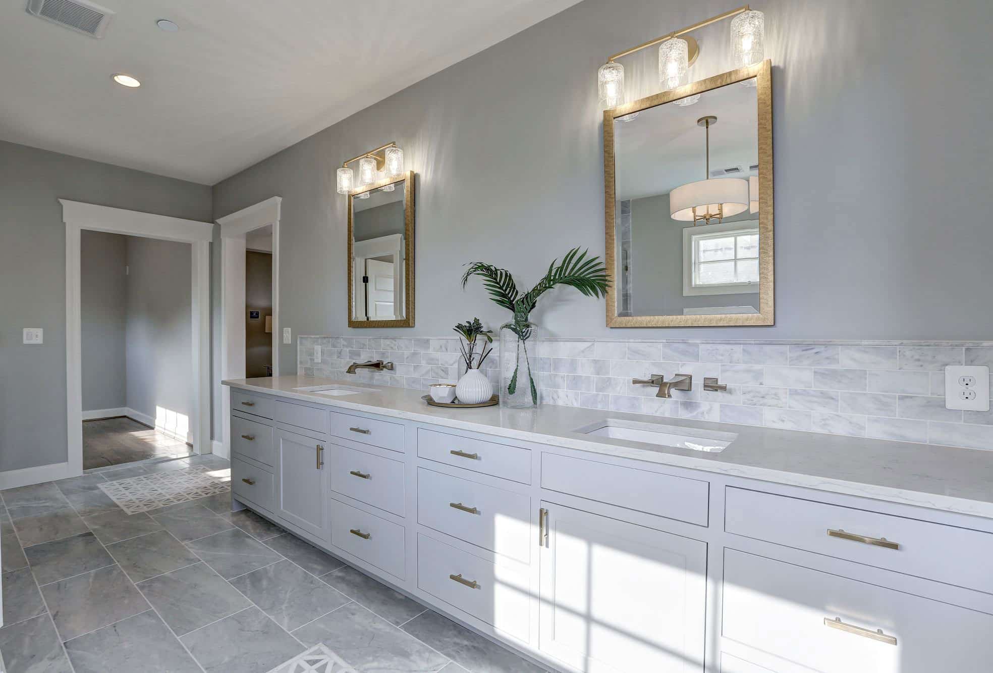 White bathroom with wide double sink vanity