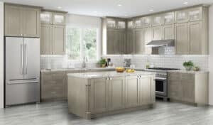 CNC Beige Traditional kitchen cabinets with grey countertop