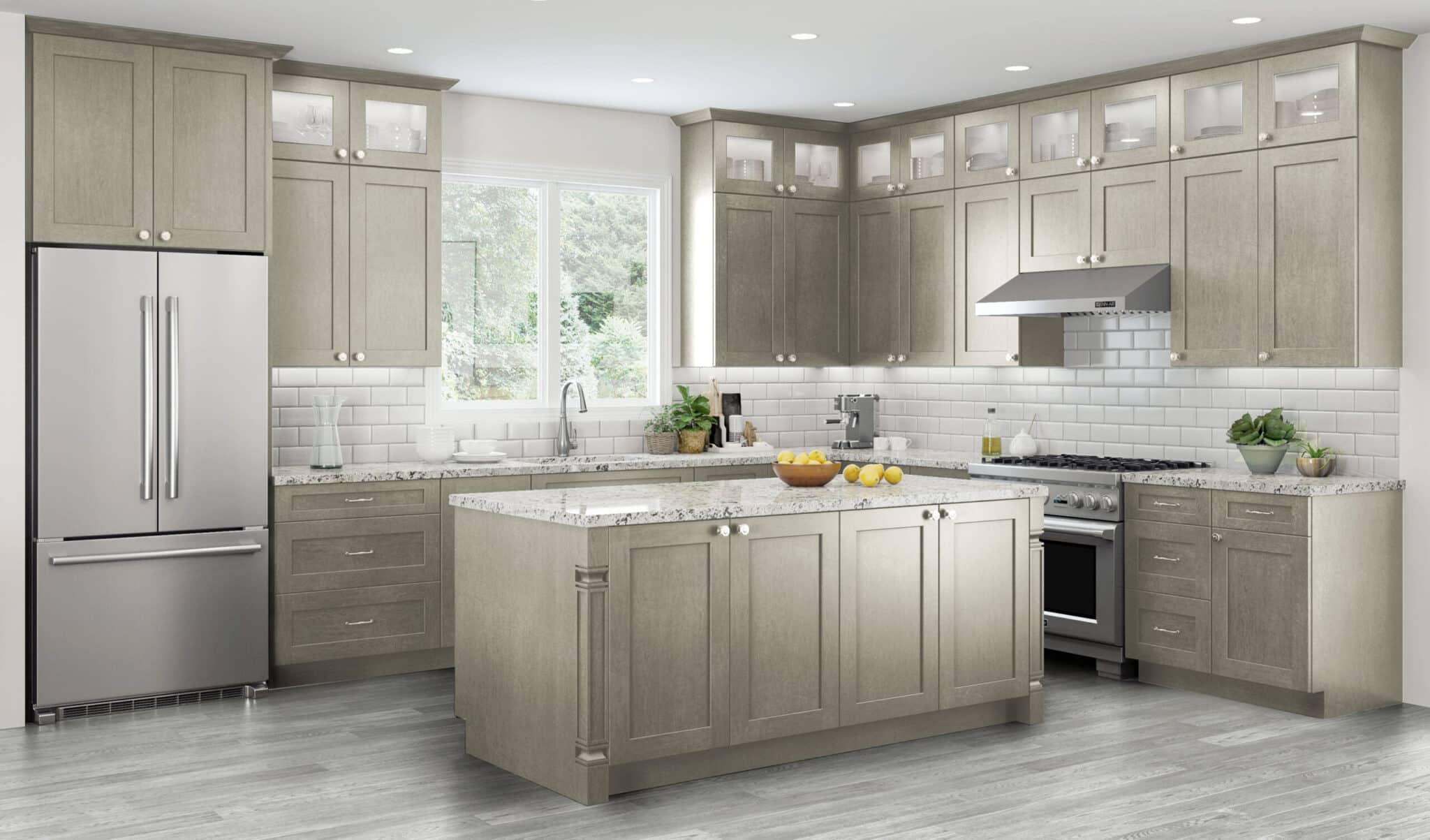 CNC Beige kitchen cabinets with grey countertop