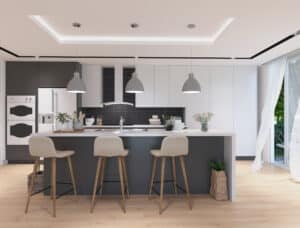 Adornus White Contemporary kitchen cabinet with black backsplash