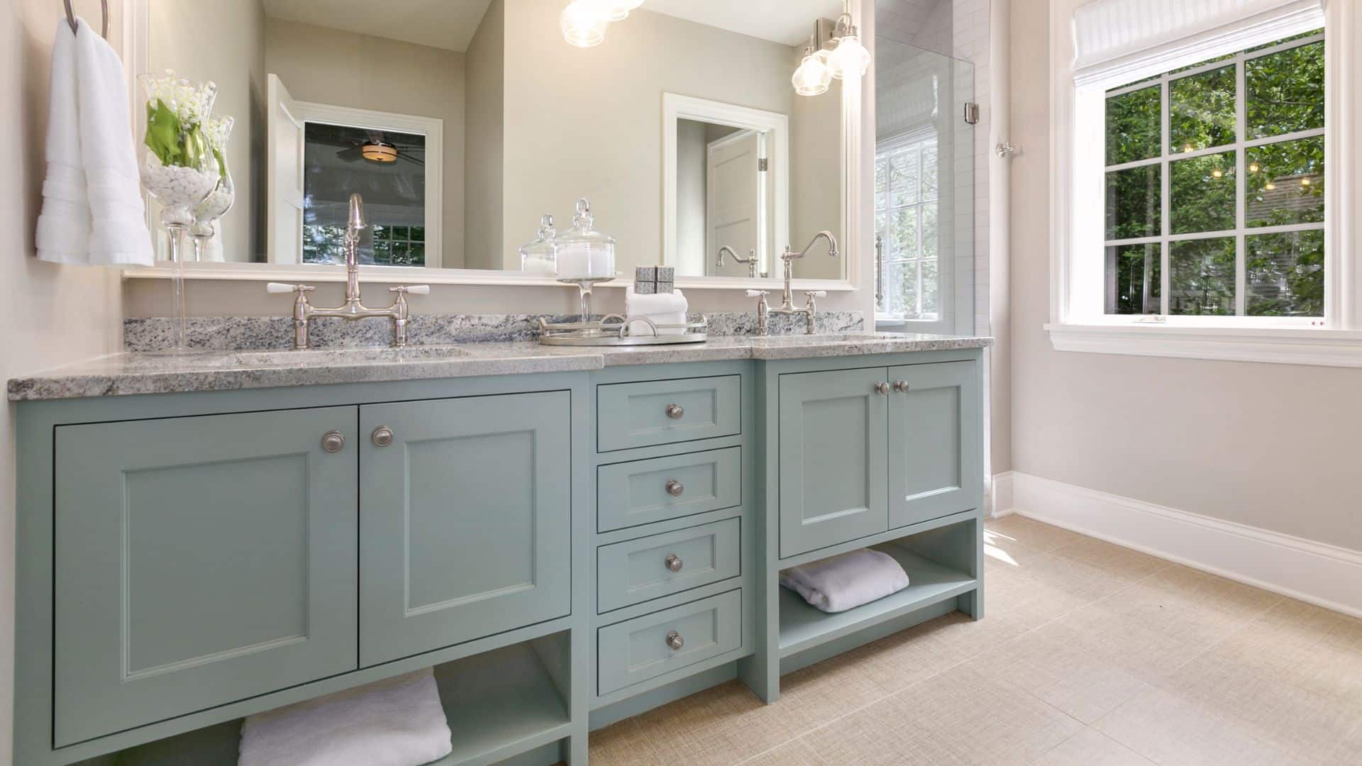 Transitional Bathroom Cabinet style with green cabinet and grey countertop