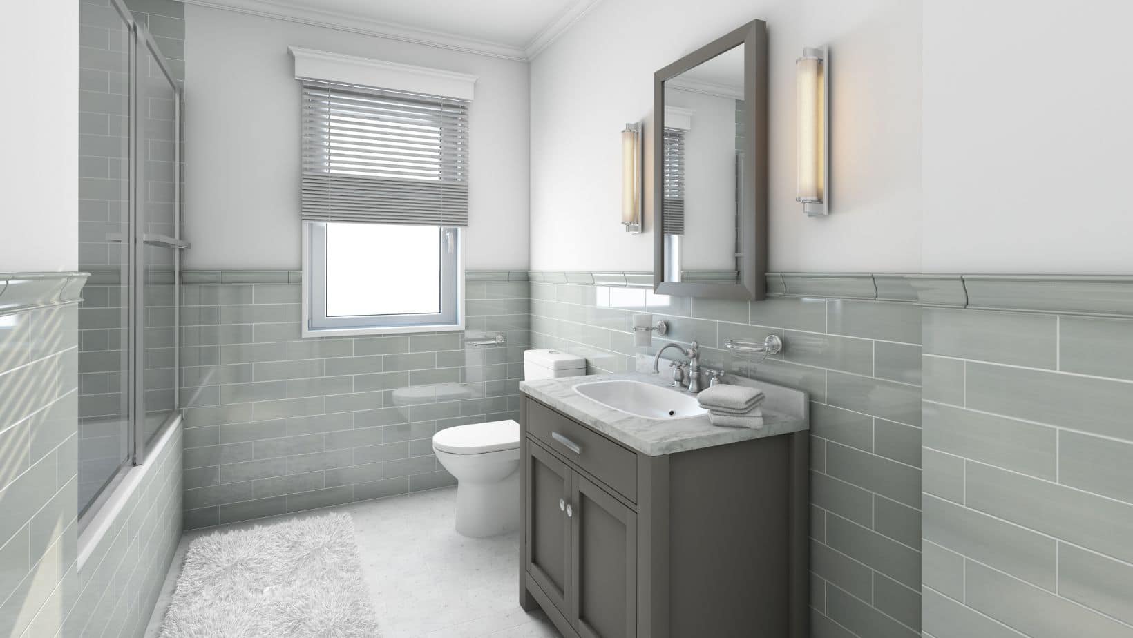 Small toilet and shower with dark grey bathroom cabinet with white countertop