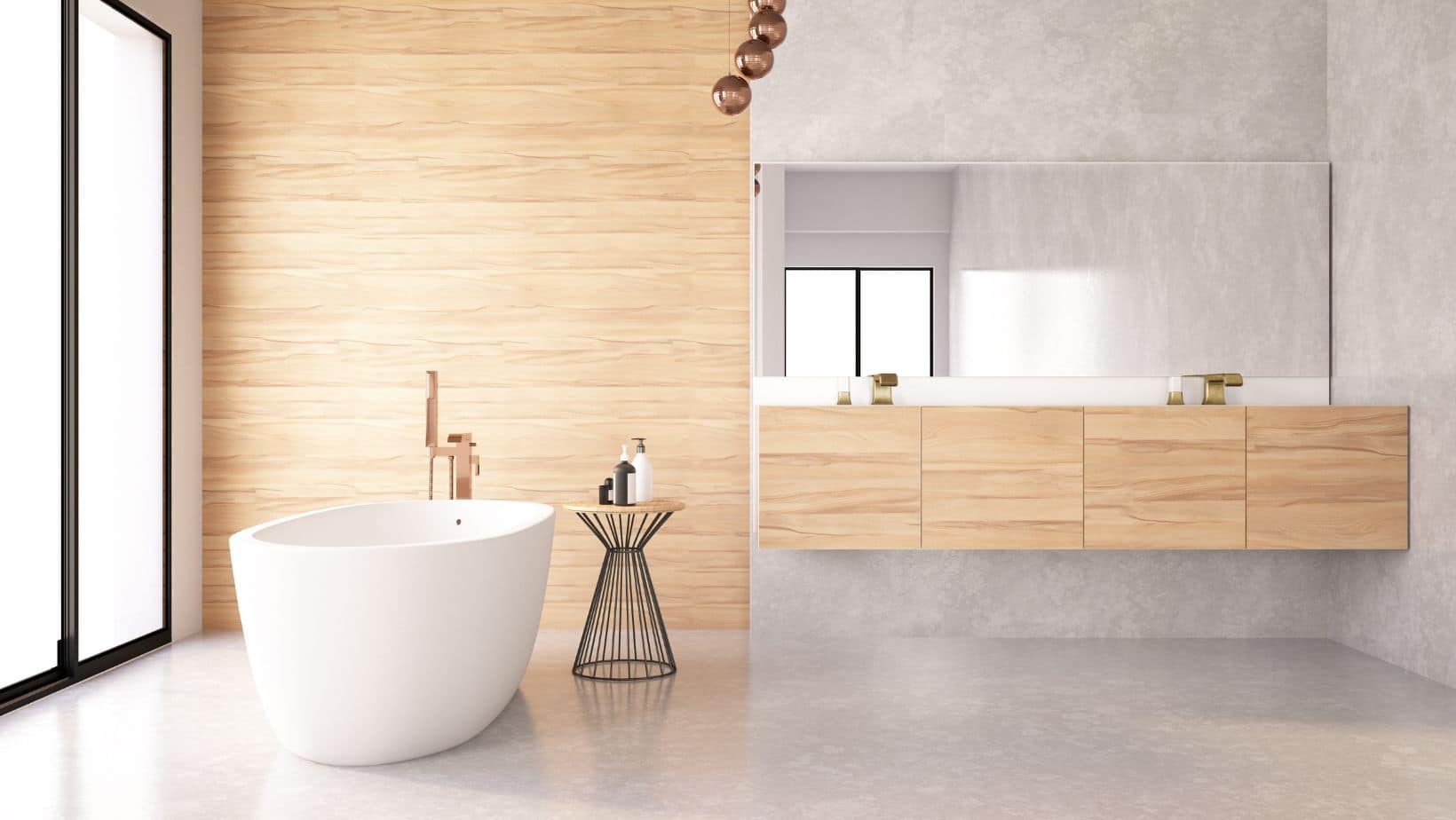 Modern bathroom style with brown flat slab cabinet and bath tub