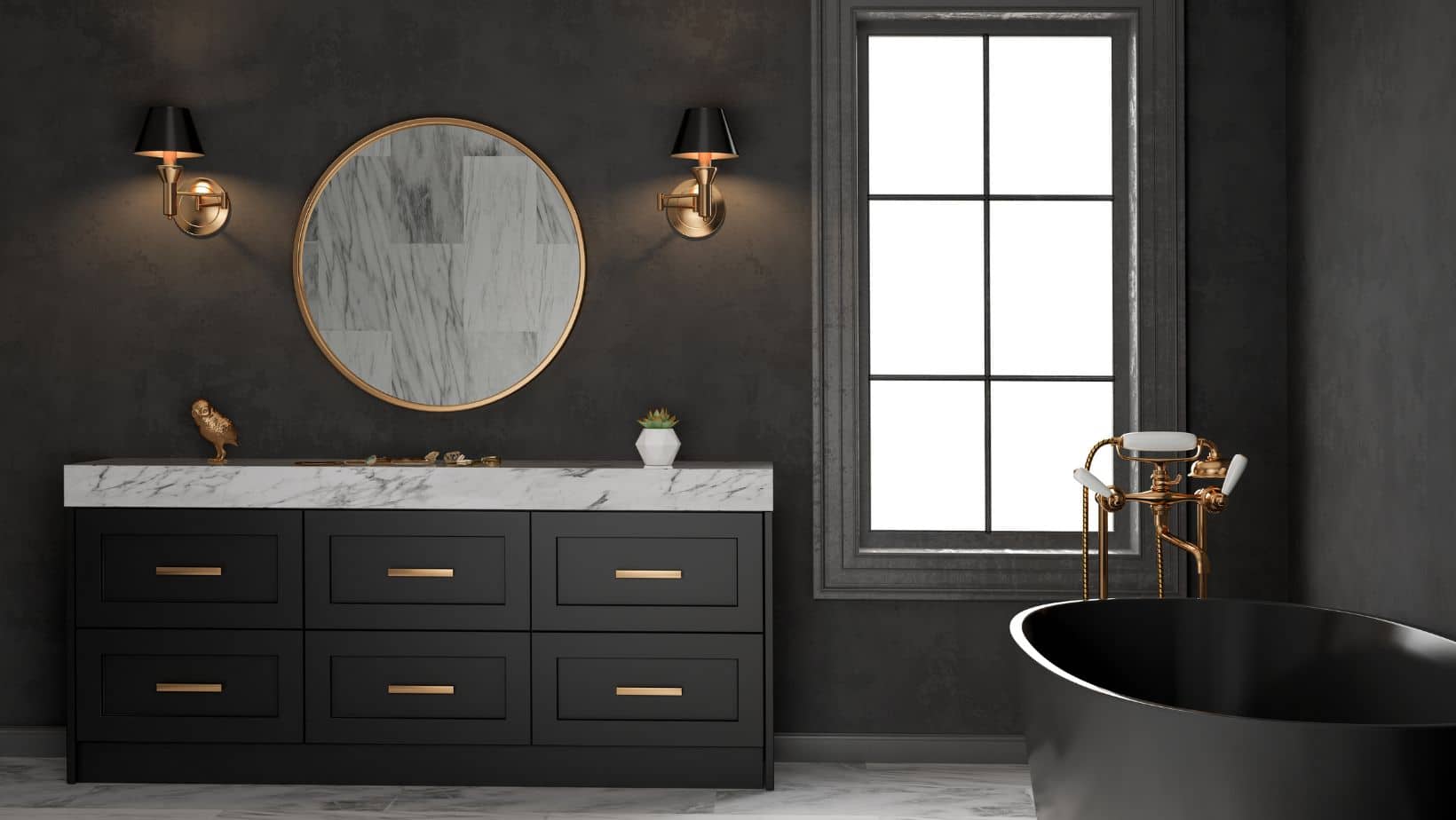 Modern black bathroom with shaker vanity