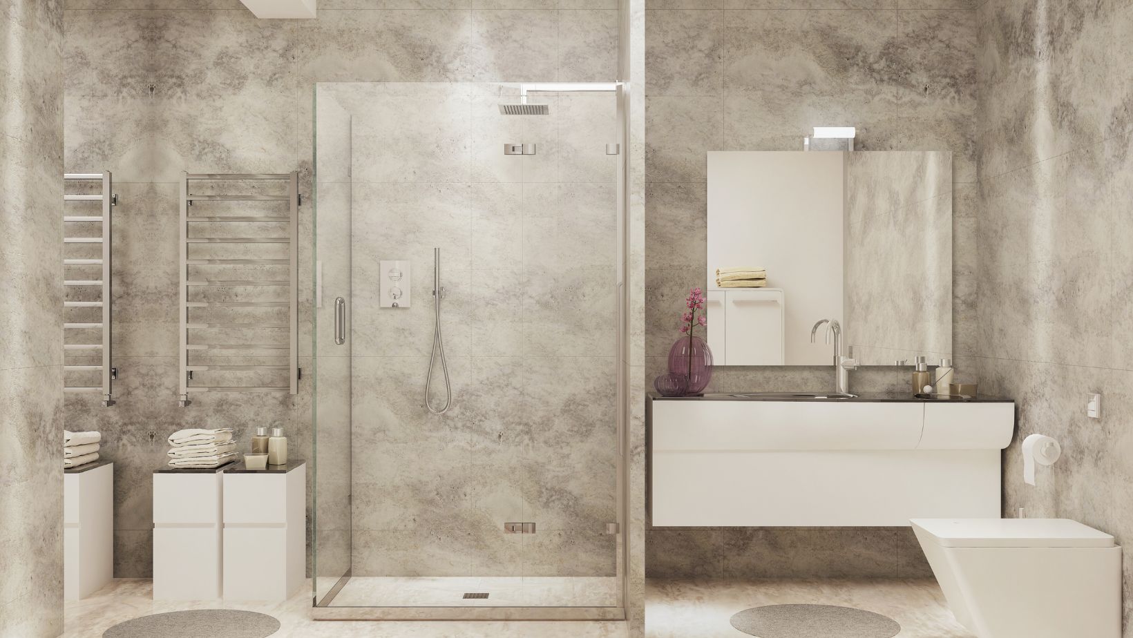 Grey modern bathroom style with cream floating cabinets, shower and a toilet