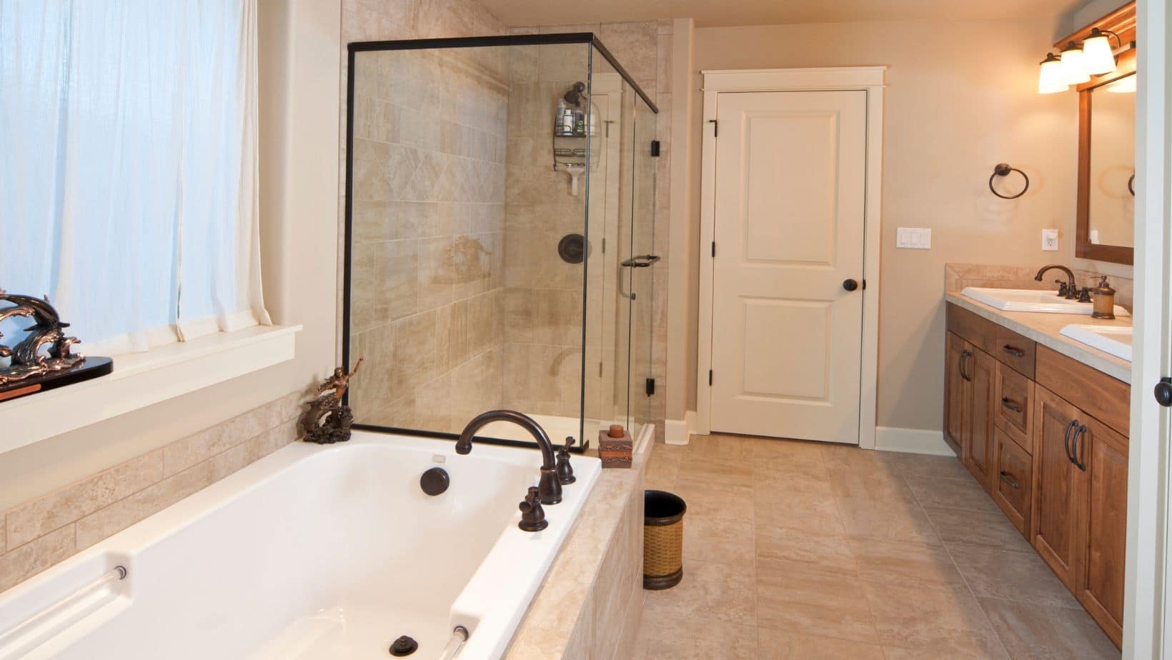 Elegant bathroom style with wood bathroom cabinets, bath tub and shower