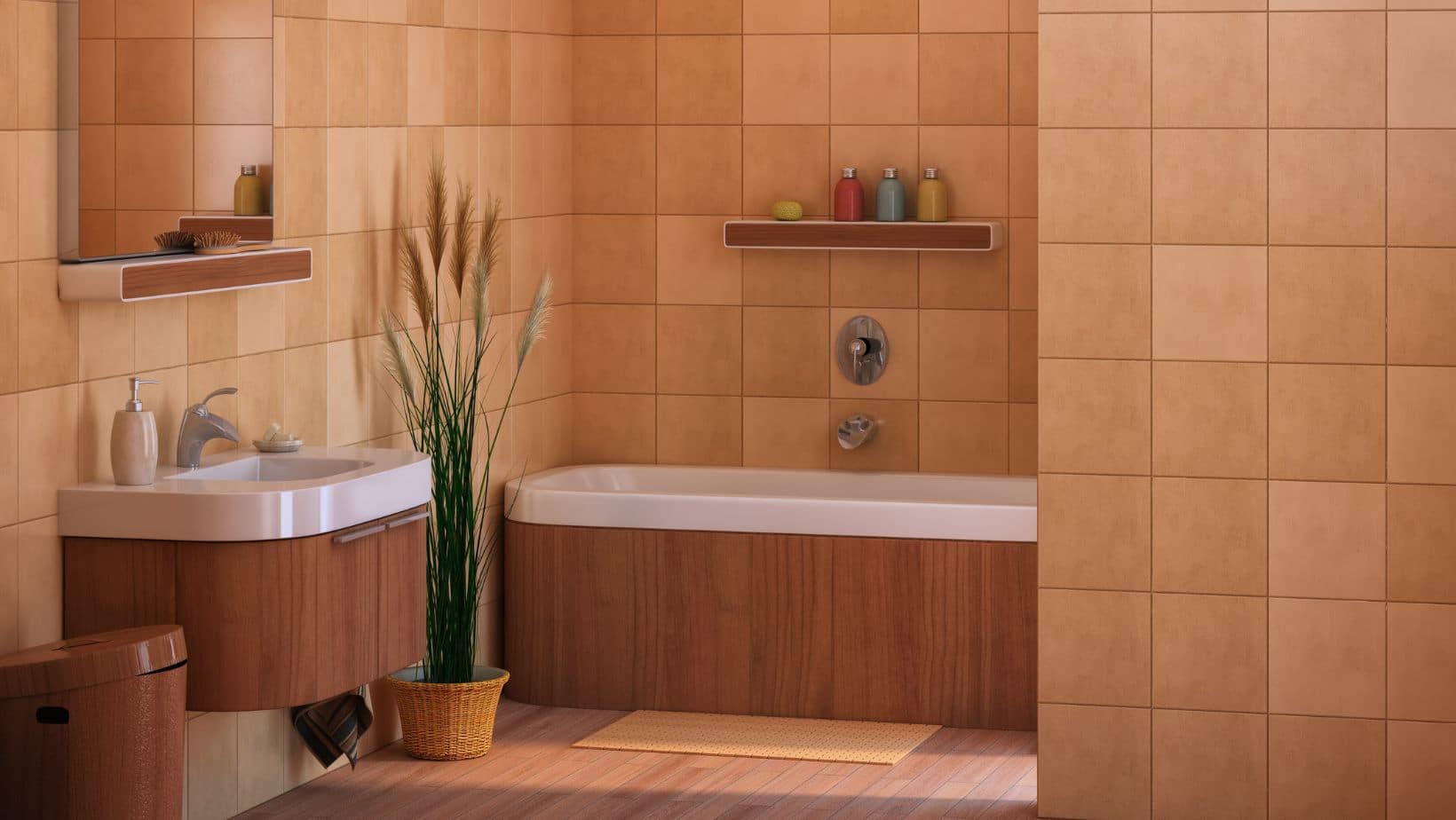 Modern brown bathroom style with wood floating cabinet and bath tub