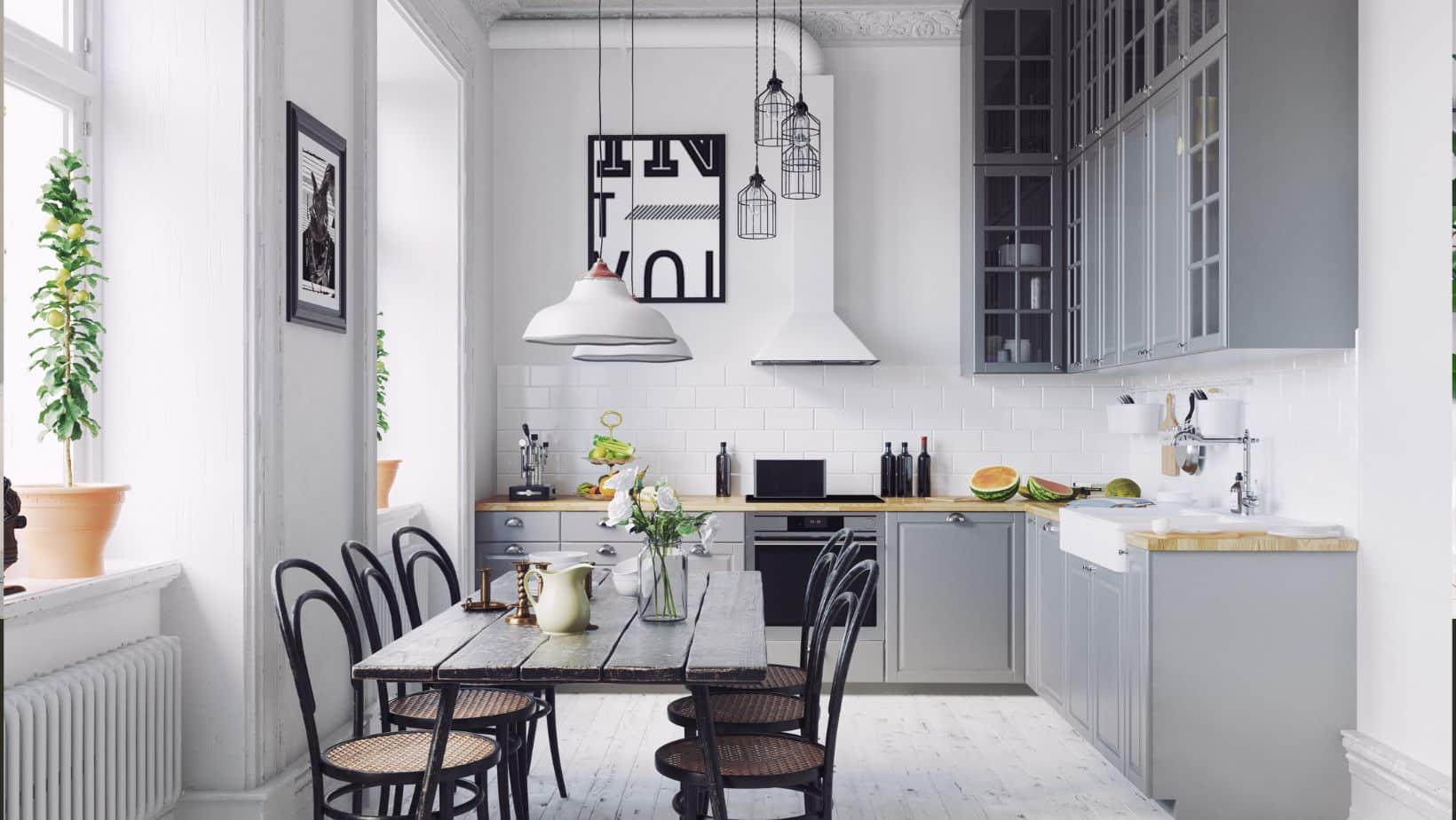 Light Grey kitchen cabinet with light oak countertop
