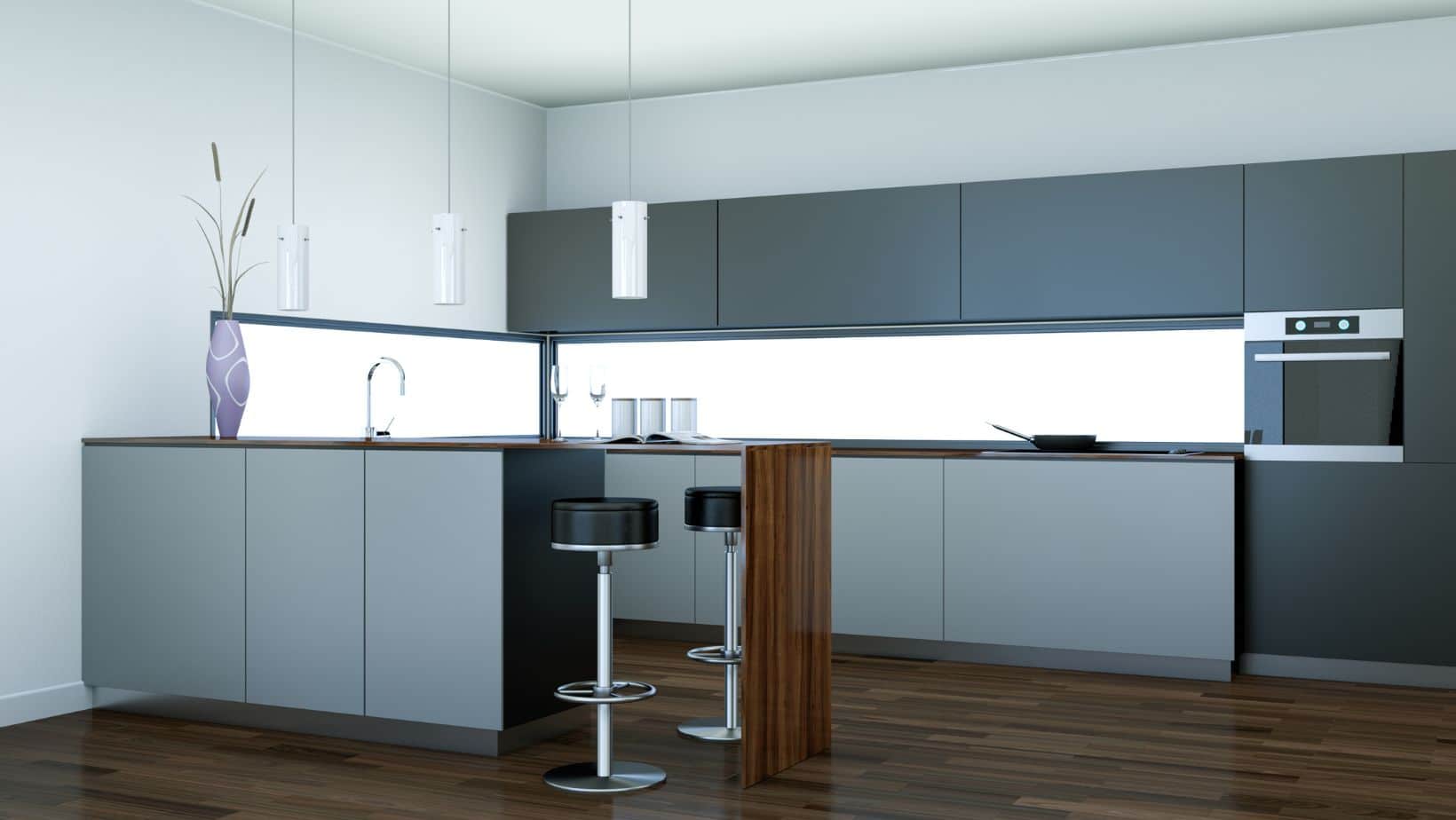 Dark Grey Kitchen Cabinets with wood countertop