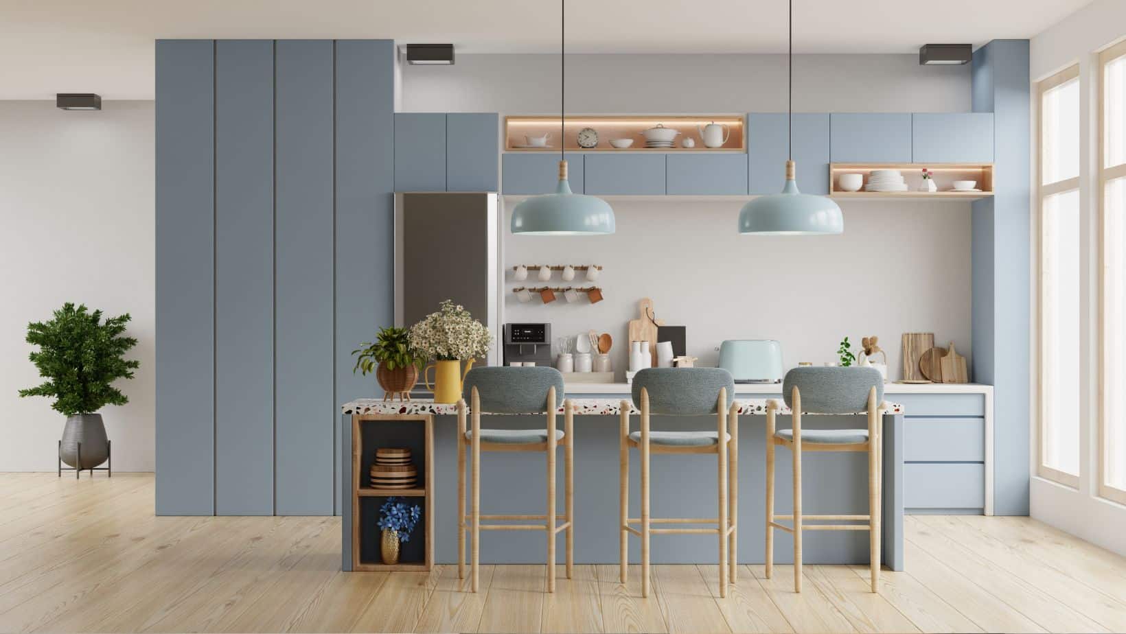 Grey Kitchen cabinet design with granite countertops