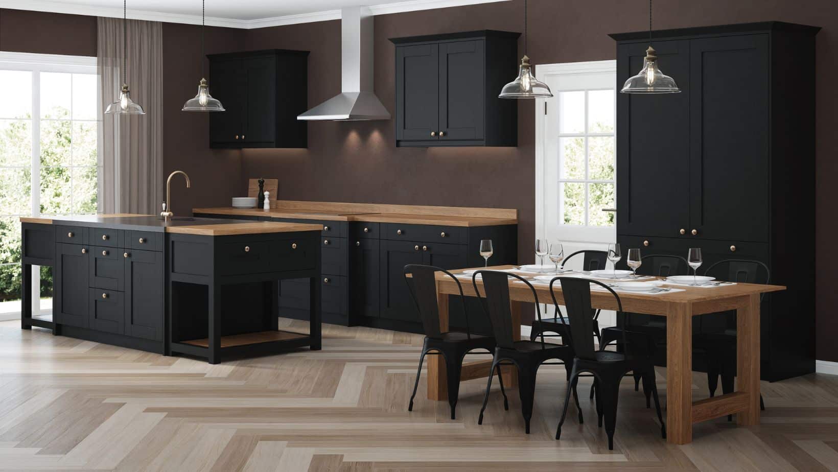 Black kitchen design with wood countertop