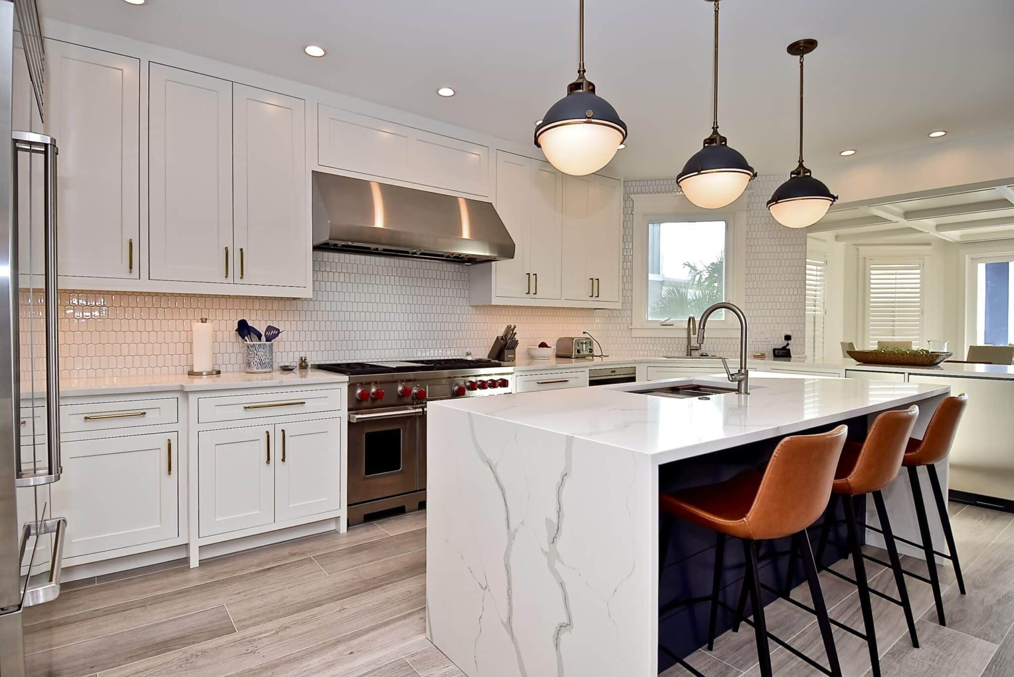 Woodharbor white kitchen cabinets with white countertops