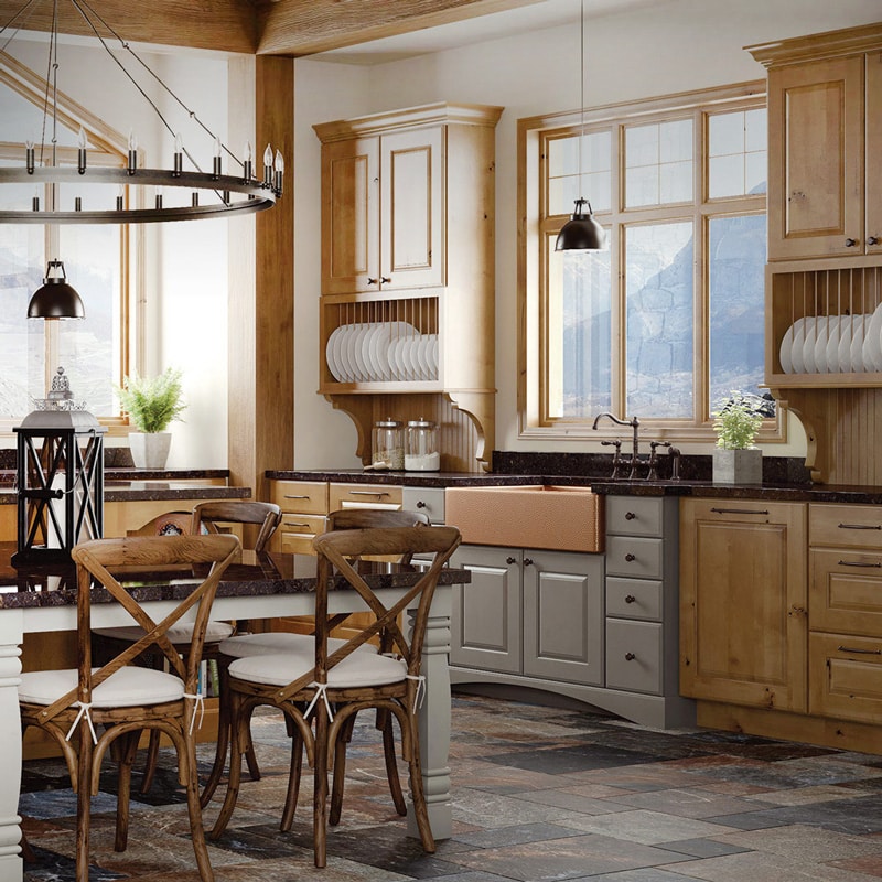 Woodland wood kitchen cabinets with dark brown countertops