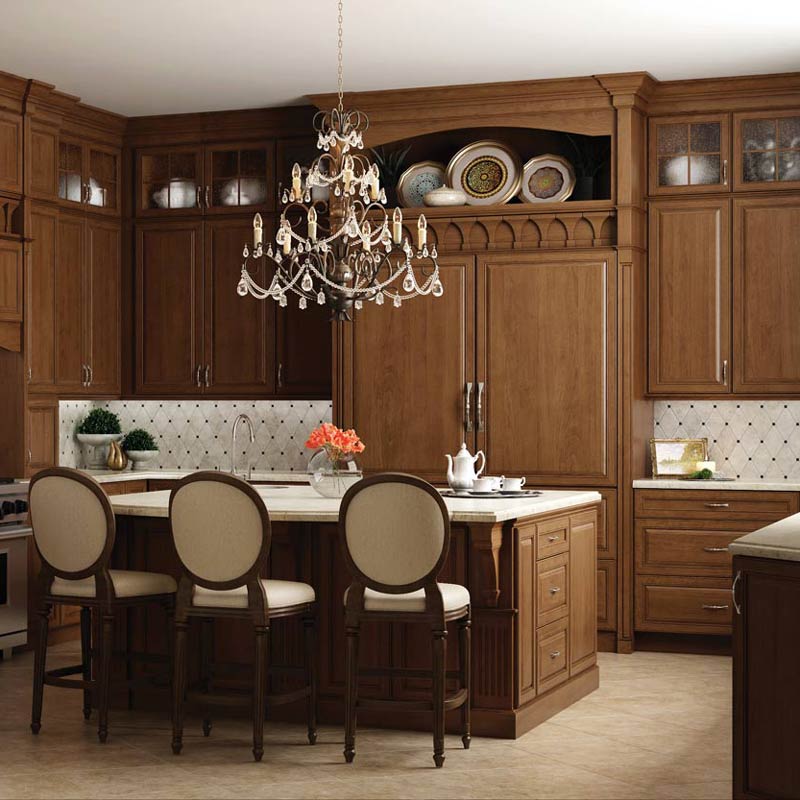 Woodland brown kitchen cabinets with white countertops