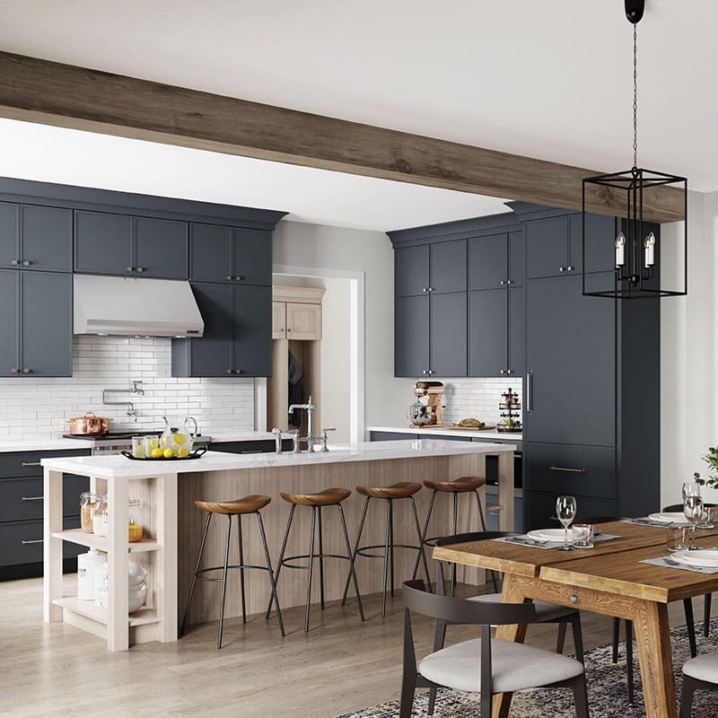 Woodland Dark Grey Kitchen cabinets with light brown kitchen island and white countertops