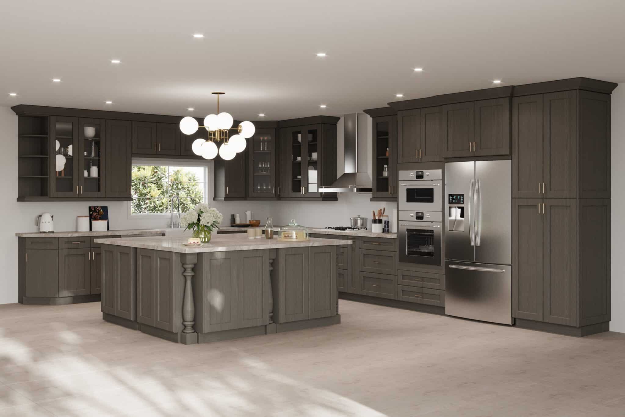 Adornus dark brown kitchen cabinets with light grey countertops