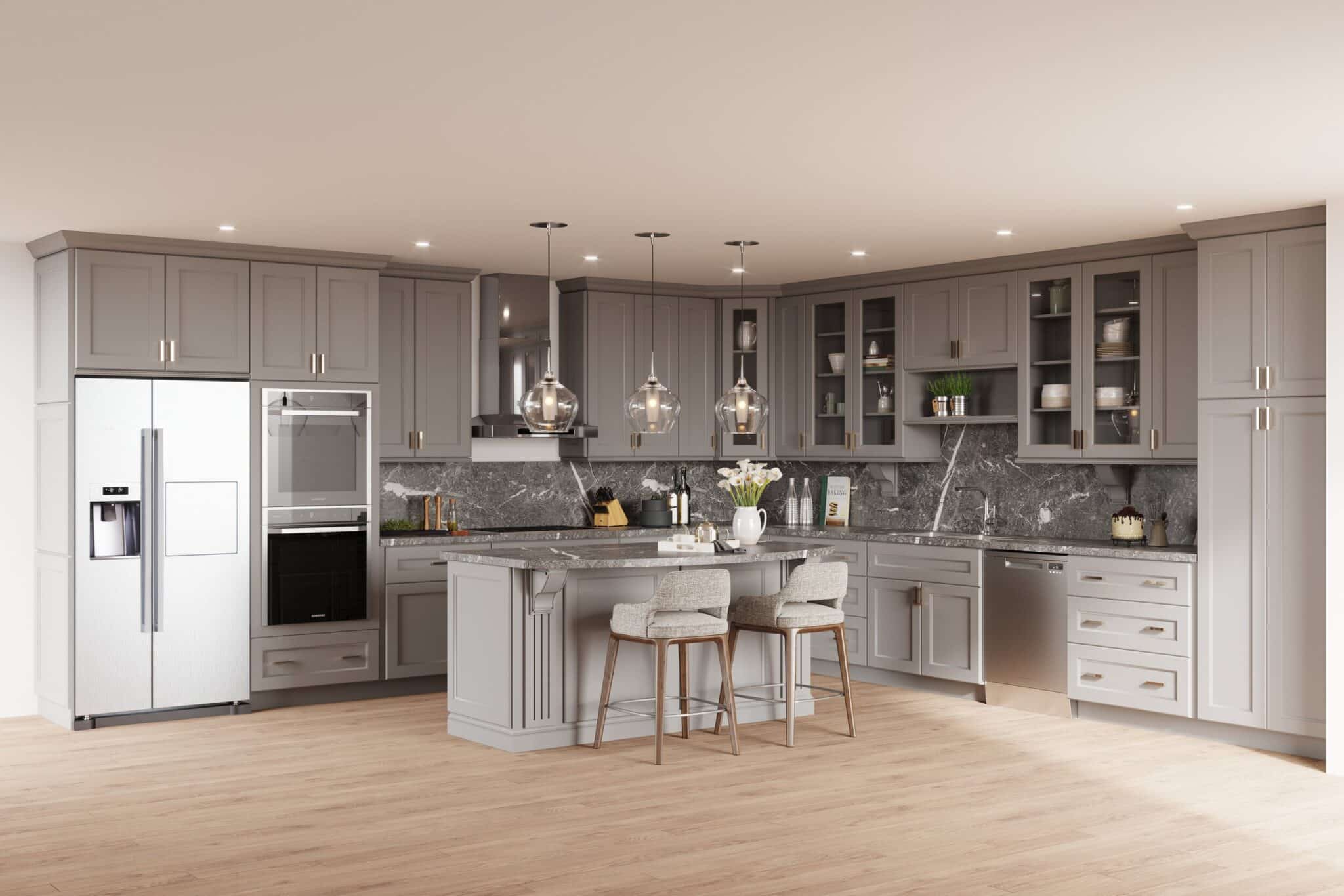 Adornus Light Grey Kitchen cabinets with Quartz Countertop